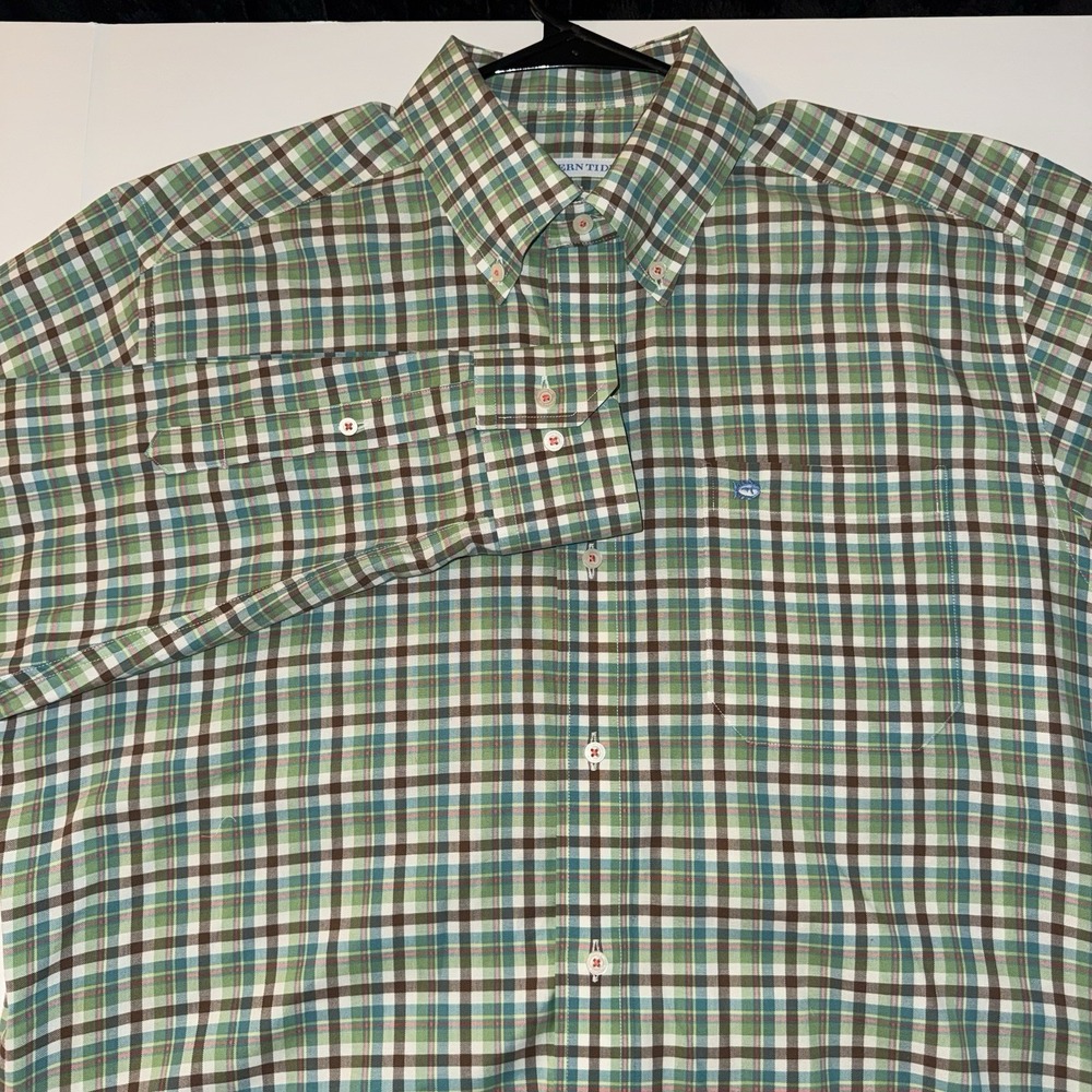 Men's Medium Southern Tide Cotton Green Plaid Long Sleeve Classic Fit Shirt